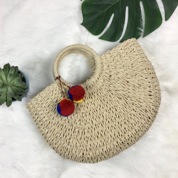 Straw Moon Shaped Pom Pom Beach Handbag Natural - Picture 2 of 6